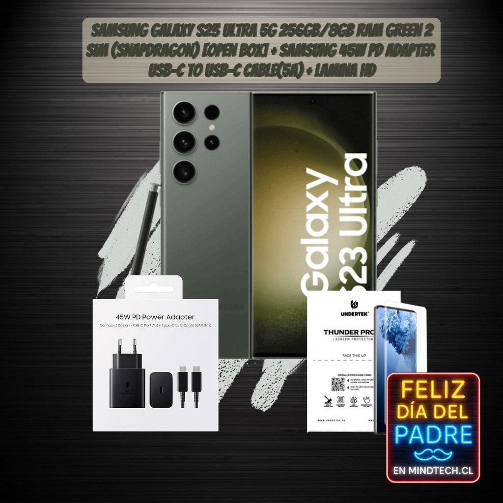 Pack Samsung Galaxy S23 ultra 5G 256GB/8GB Ram Green 2Sim (Snapdragon) [Open Box] + Samsung 45w PD Adapter USB-C to USB-C Cable(5a) + Lamina HD