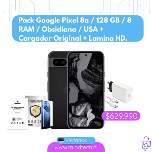 Pack Google Pixel 8a / 128 GB / 8 RAM / Obsidiana / USA + Cargador Original + Lamina HD