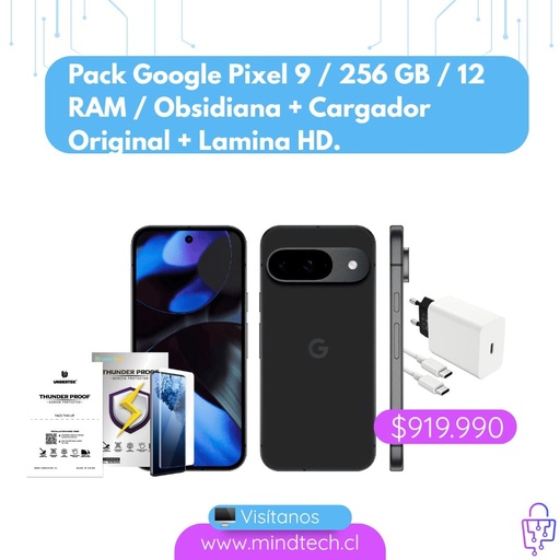 Pack Google Pixel 9 / 256 GB / 12 RAM / Obsidiana + Cargador Original + Lamina HD