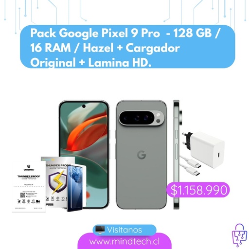 Pack Google Pixel 9 Pro  - 128 GB / 16 RAM / Hazel + Cargador Original + Lamina HD