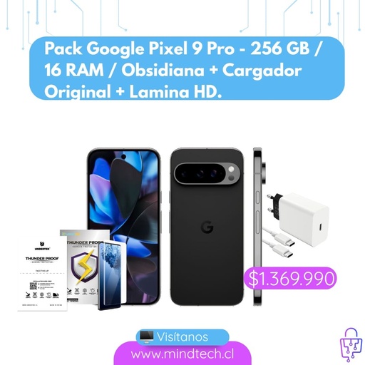 Pack Google Pixel 9 Pro - 256 GB / 16 RAM / Obsidiana + Cargador Original + Lamina HD