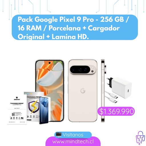 Pack Google Pixel 9 Pro - 256 GB / 16 RAM / Porcelana + Cargador Original + Lamina HD