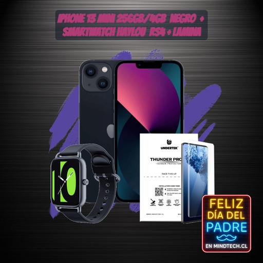 Pack iPhone 13 Mini - 256 GB / 4GB RAM / Negro + Smartwatch Haylou RS4 + Lamina HD