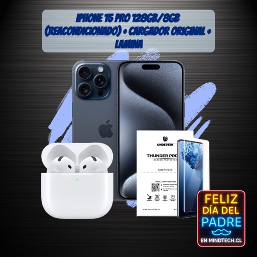 Pack Apple Iphone 15 Pro 128GB/8ram Blue Titanium (Reacondicionado) + Apple Airpods 4 + Lamina HD