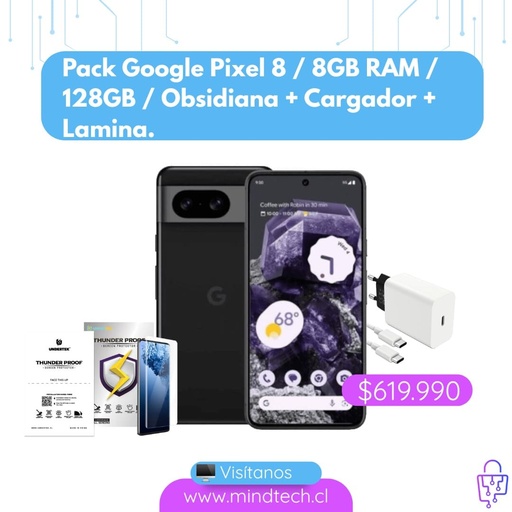[Pack-GP001] Pack Google Pixel 8 / 8GB RAM / 128GB / Obsidiana + Cargador + Lamina
